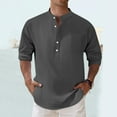 thumbnail image 2 of Wyobmus Mens Linen Henley Shirts Casual Cotton Lightweight Long Sleeve T-Shirt Solid Button Down Summer Beach Leisure Tops Gray, 2 of 5