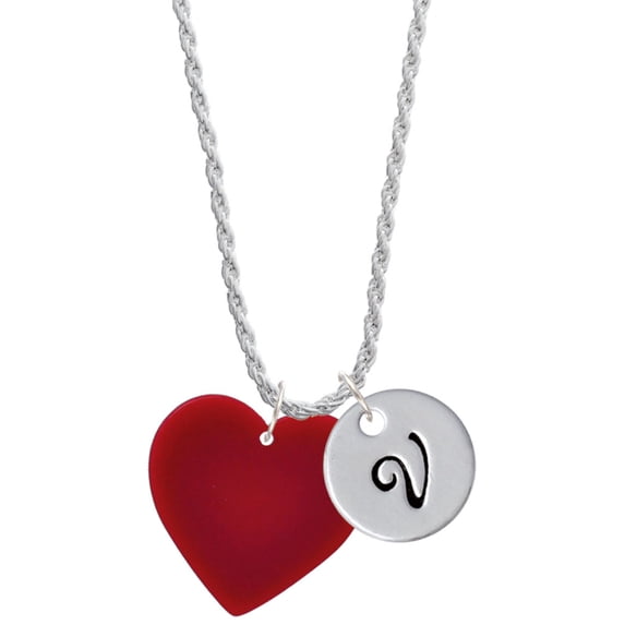 Delight Jewelry Acrylic 1" Maroon Heart Silvertone Script Initial Disc - V - Charm Necklace, 20"+3"