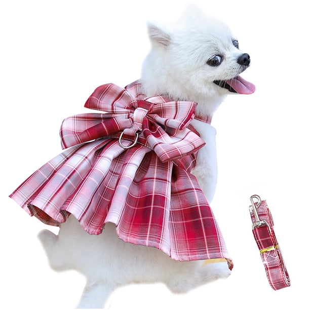 Mascota JK falda a cuadros correa para el pecho cuerda de tracción caminar perro gato chaleco ropa (cuadros rojo vino) MFZFUKR BST3000134-3