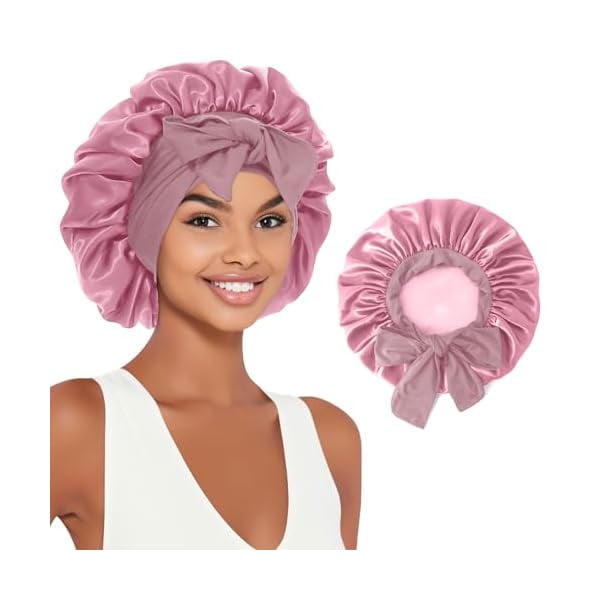 wonima11 Satin Silk Bonnet Hair Beanies for Sleeping Jumbo Sleep Cap, Black Wrap for Women Curly Hair, Double Layer Bonnet with Tie Band