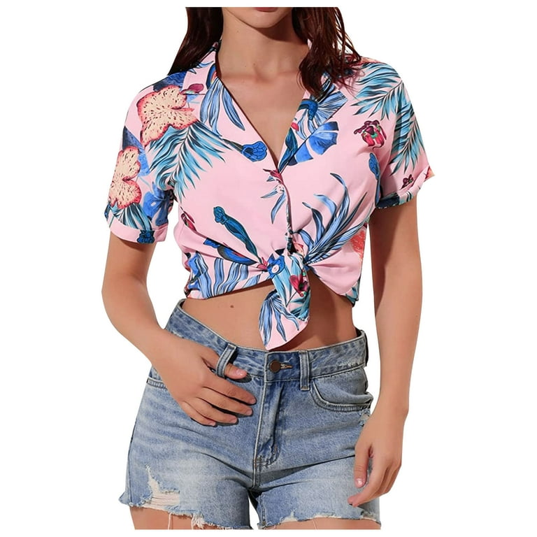 RQYYD Reduced Women's Hawaiian Shirts Crop Top Floral Leaves Printed Short  Sleeve Tropical Button Down Shirt Summer Casual Lapel Tee Tops Pink M