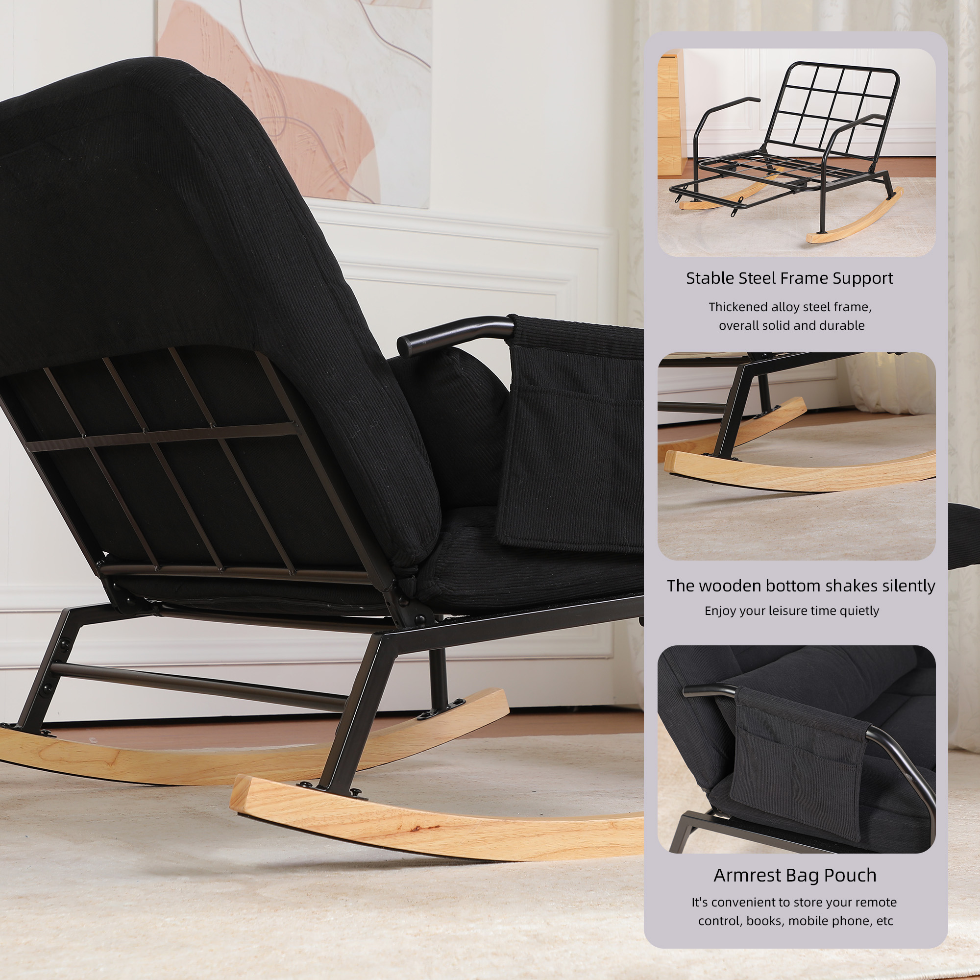 Hforesty Oversized Rocking Chair with Footrest ,Rocker Glider with Metal Farm,Wooden Bottom and Adjustable Backrest for Indoor Use: Balcony, Living Room or Bedroom.(corduroy)BLACK