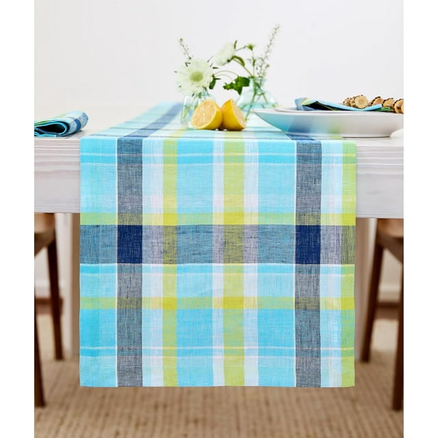 Solino Chemin de Table en Lin Bleu 48 Pouces - 100 % Lin Pur Été Madras à Carreaux 14 x 48 Pouces - Tissu Fait Main et Lavable en Machine