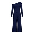 thumbnail image 3 of BRELIL Women Two Piece Sets Cold Shoulder Long Sleeve Tops Wide Leg Pants Casual Lounge Matching Set Solid Basic Pullover Outfits Travel Vacation Loungewear, Navy 2XL, 3 of 8