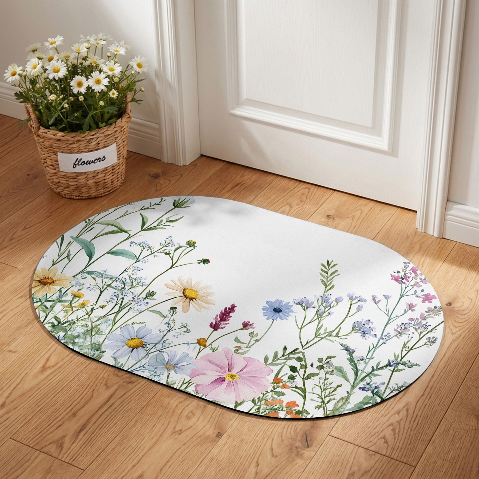 Front Door Mat Outside Entrance 18 x30 Spring Floral Absorbent Doormat Indoor Entrance with Non-Slip Backing Rubber Low-Profile Welcome Mat for Entryway Patio Wildflowers Herbs Summer Botanical