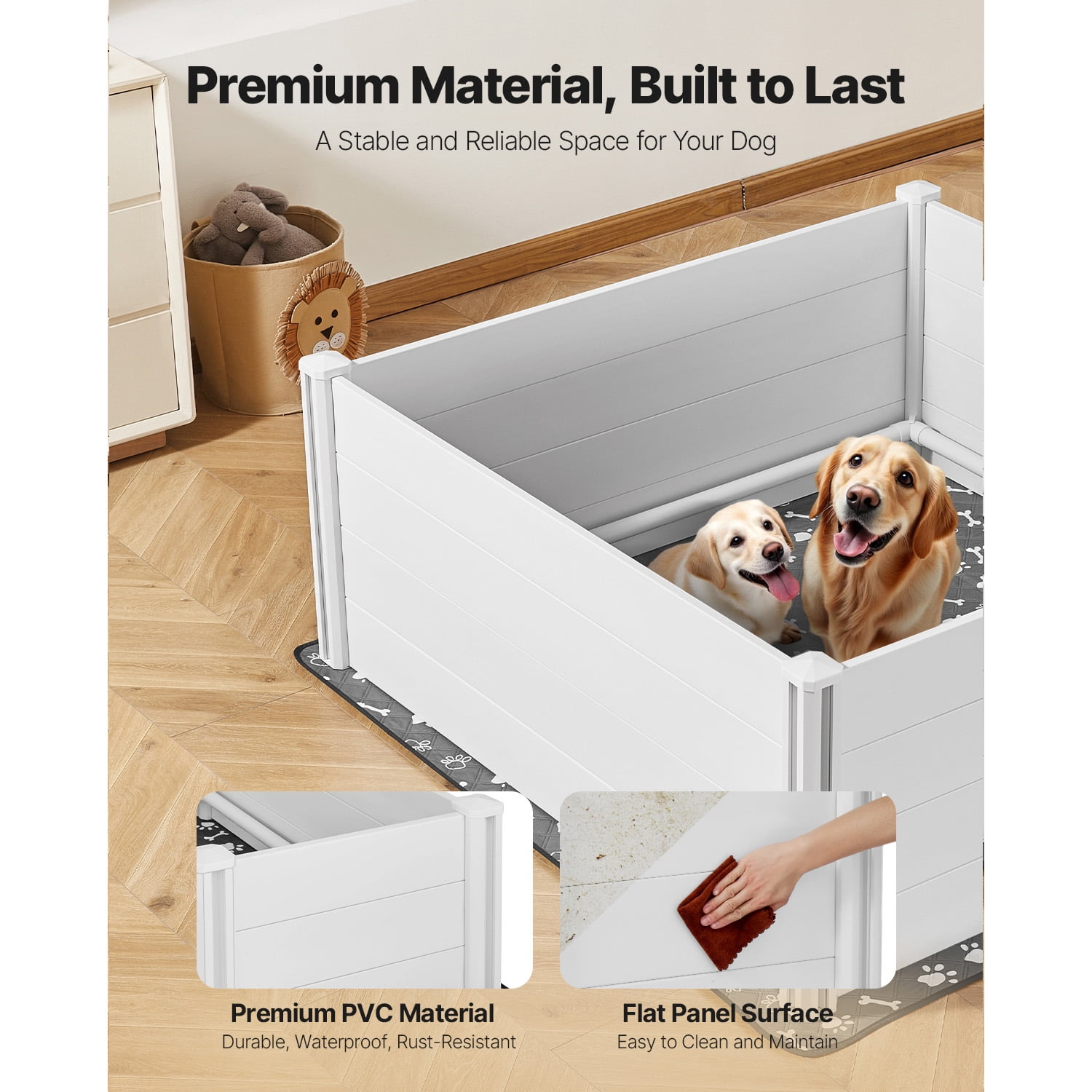KFFKFF Durable Whelping Box for Dogs, 60 x 60 x 24 inch, Plastic PVC Puppy Playpen with Adjustable Door Height and Washable Pad, Indoor Play Area for Large Breed Puppies, Milk White