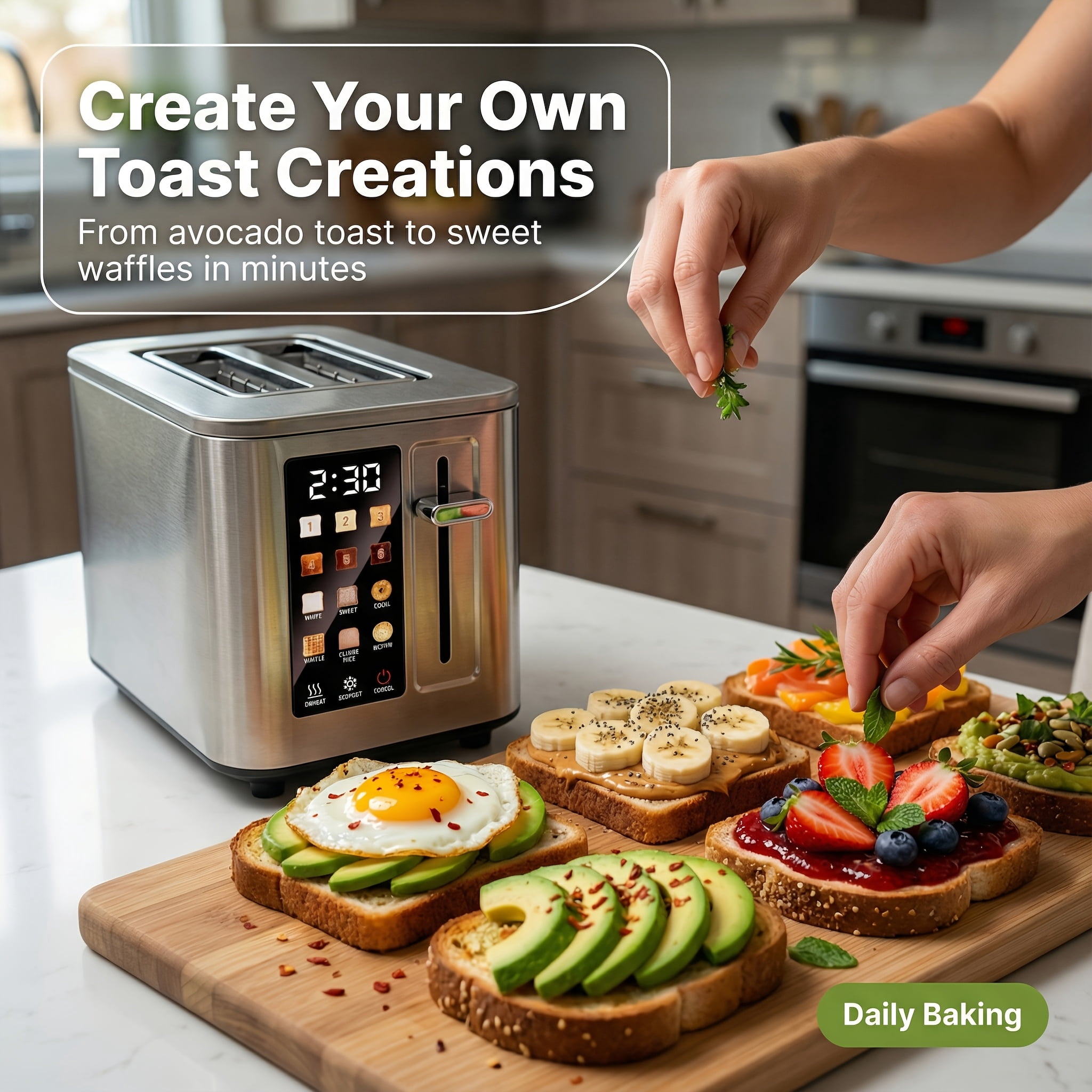 2-Slice Digital Touchscreen Toaster, 6 Bread Types & Toasting Levels, Widened Slots, Removable Crumb Tray, Compact & Easy-Clean