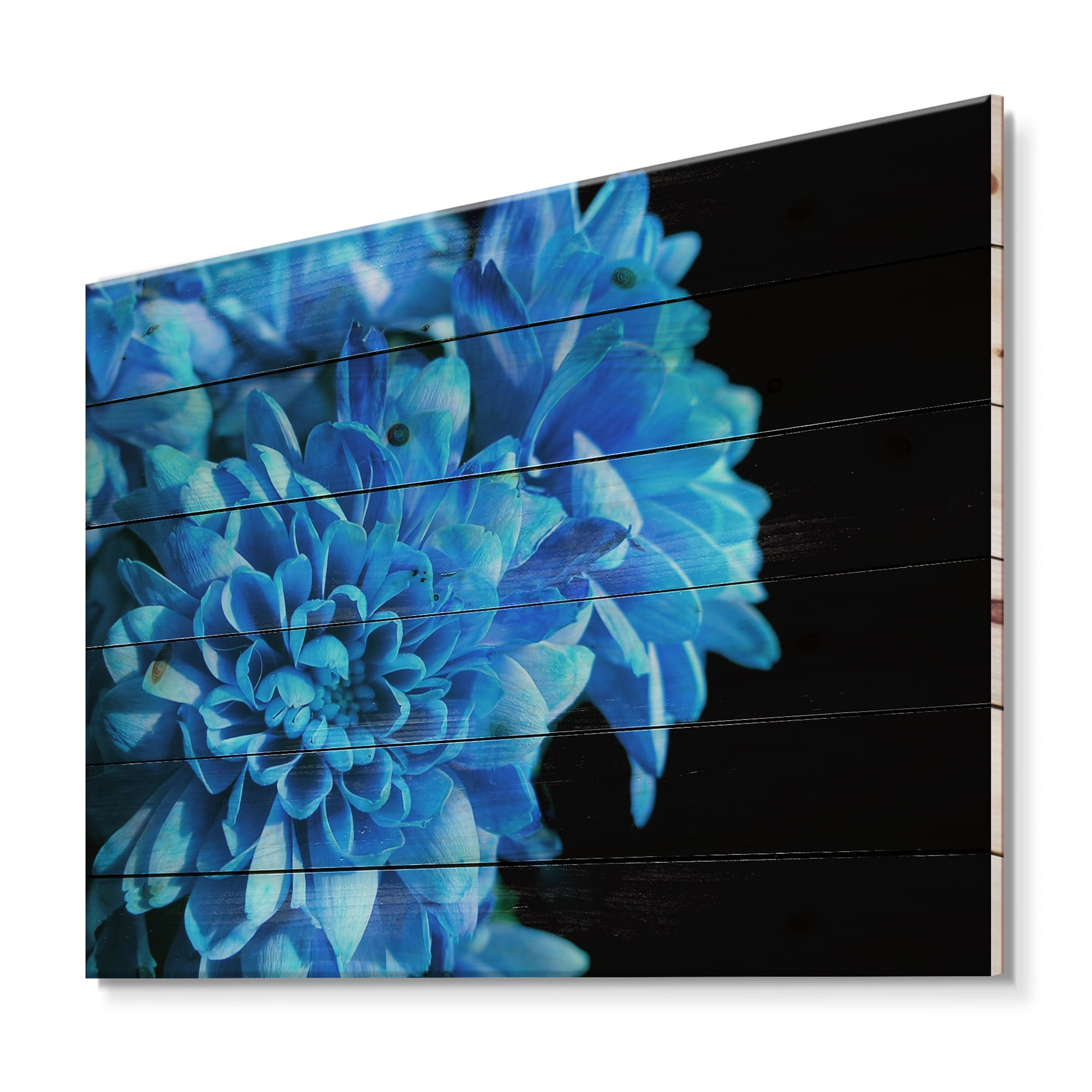 Designart 'Detail of Blue Flowers On Black Background I' Traditional Print on Natural Pine Wood