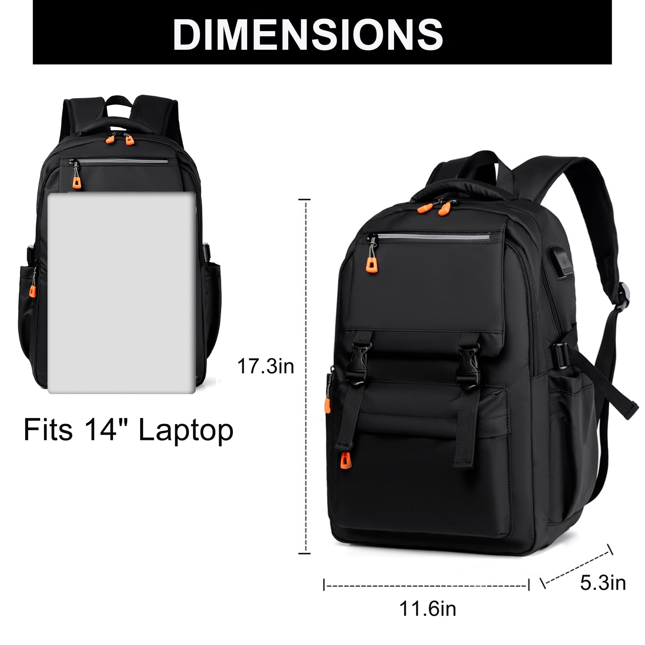 Travel Backpack for Men, Hiking Backpack with USB Charging Port Student Bookbag, 14 inch Women Laptop Backpack for School College Gym, Black