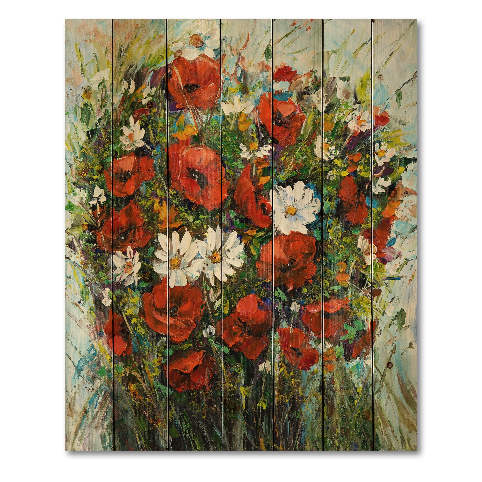 Designart 'Bouquet Of White and Red Wildflowers' Traditional Print on Natural Pine Wood