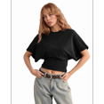 thumbnail image 2 of Chandails pour Femmes Col Ras du Cou T-Shirt à Taille Resserrée Décontracté Manches Courtes Hauts d'Entraînement Couleur Unie T-Shirts Basiques Noir TTTG, 2 of 5