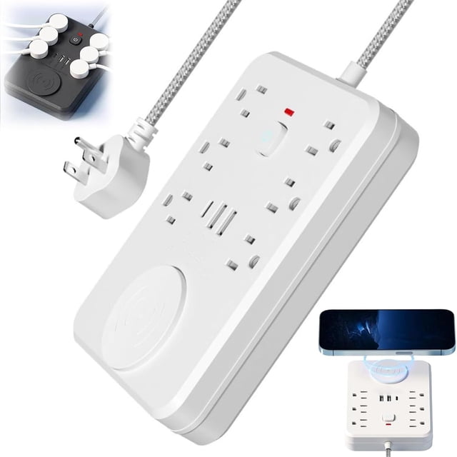 Power Strip with 6 Outlets & 3 USB (2A+1C), 15W Wireless Charger, with Overload Protection Switch, 5FT Extension Cord, for Home/Office/Dorm Charging Station for Multiple Devices (White)
