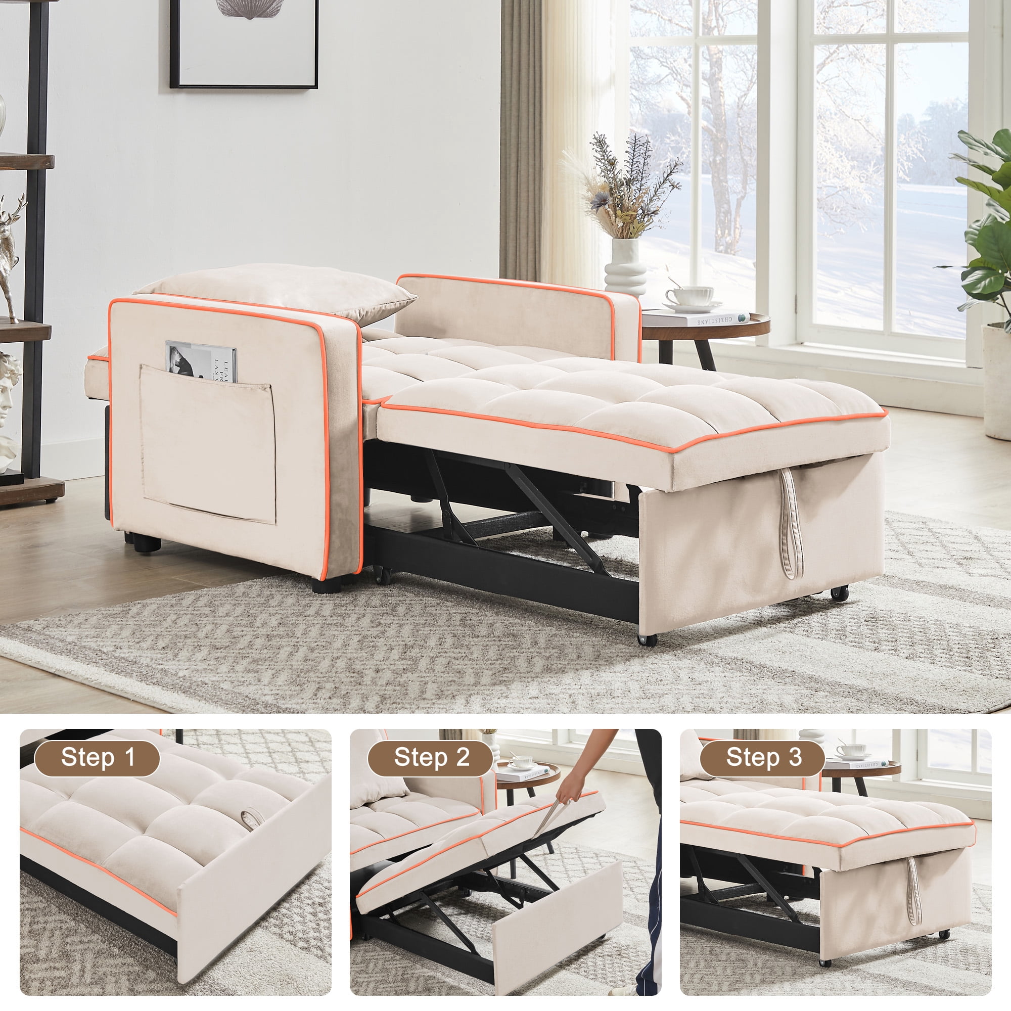 Aukfa Sleeper Chair Bed, Convertible Pull Out Sofa Bed for Living Room Apartment, Beige