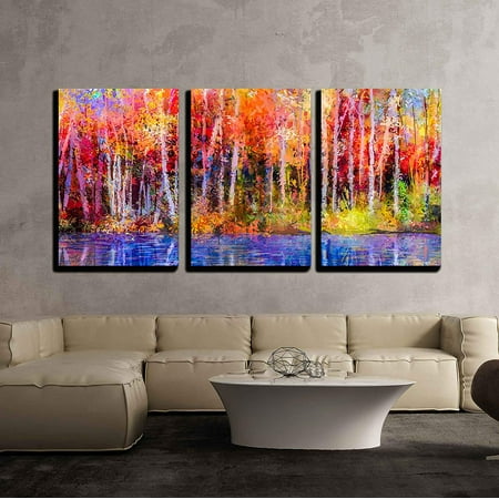 wall26 - 3 Piece Canvas Wall Art - Oil Painting Colorful Autumn Trees. Semi Abstract Image of Forest, Aspen Trees with Yellow - Modern Home Decor Stretched and Framed Ready to Hang - 24