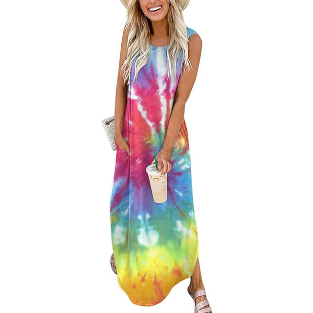 SMihono Robe Maxi Bohème d'Été pour Femmes Grande Taille Robes Maxi pour Femmes d'Été Décontractées Col Rond Croisé Sans Manches Fente Vacances Plage Poches Longue Robe Robe de Plage Évasée