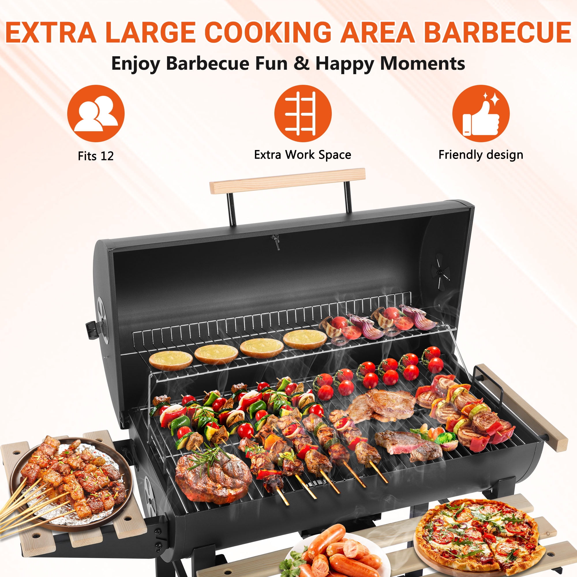 Seizeen Charcoal Grill with Thermometer & Large Cooking Space, Smoker Grill, BBQ Grills for Camping & Picnic, Iron, black