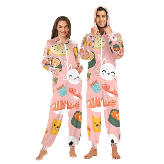 Cat Sushi Adult Onesie Pajamas Slim Fit Christmas One Piece Suit Pjs for Women and Men Hooded Zipper