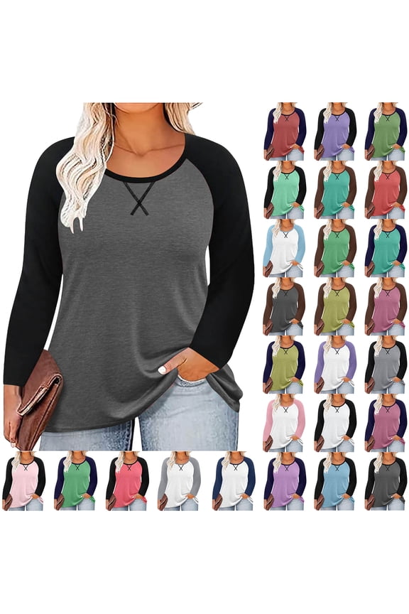 Women Long Sleeve Tops Casual Chest Print Solid Color Round Neck Pullover Loose Long Sleeved Raglan Top Plus Size