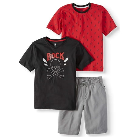 Boys Golf Shirt Top - Short Sleeve Skull Tee, Lightning Tee, and Pull on Short Set, 3-Piece Outfit Set (Little Boys & Big Boys)