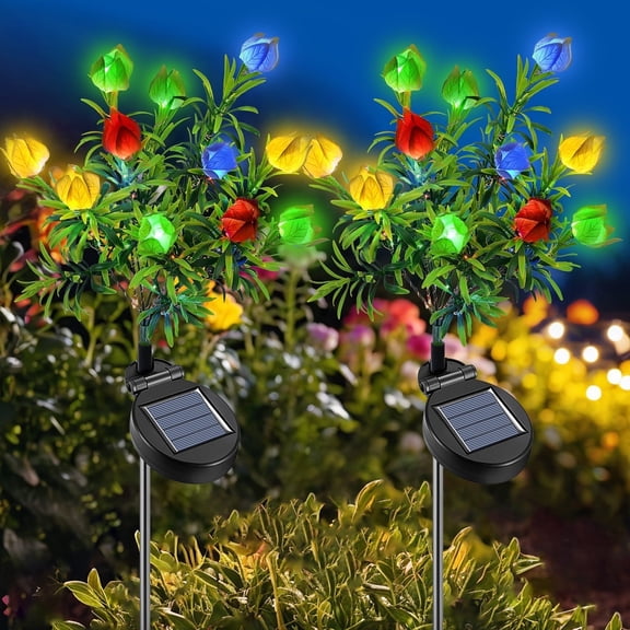 Qoosea Solar Flower Lights Outdoor 2 pack Gardenia Lights, 11 Head Led Solar Stake Light, Waterproof Pathway Light for Garden, Patio, Yard Decoration