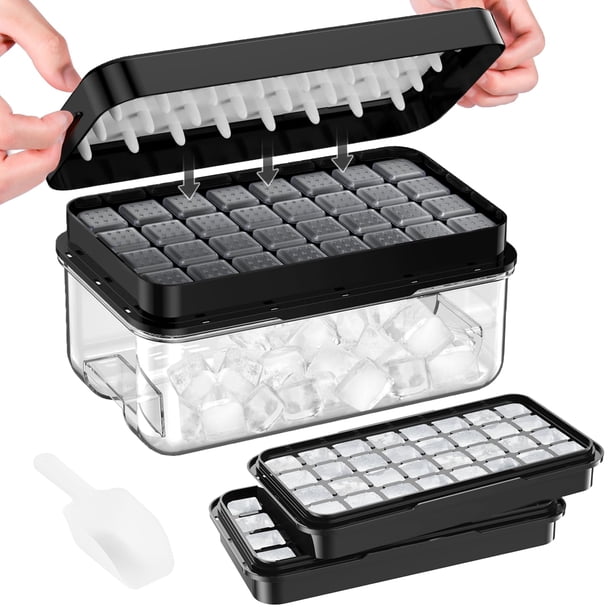 Bandeja para cubitos de hielo PHINOX con tapa y papelera, 64 unidades, sin BPA, negra