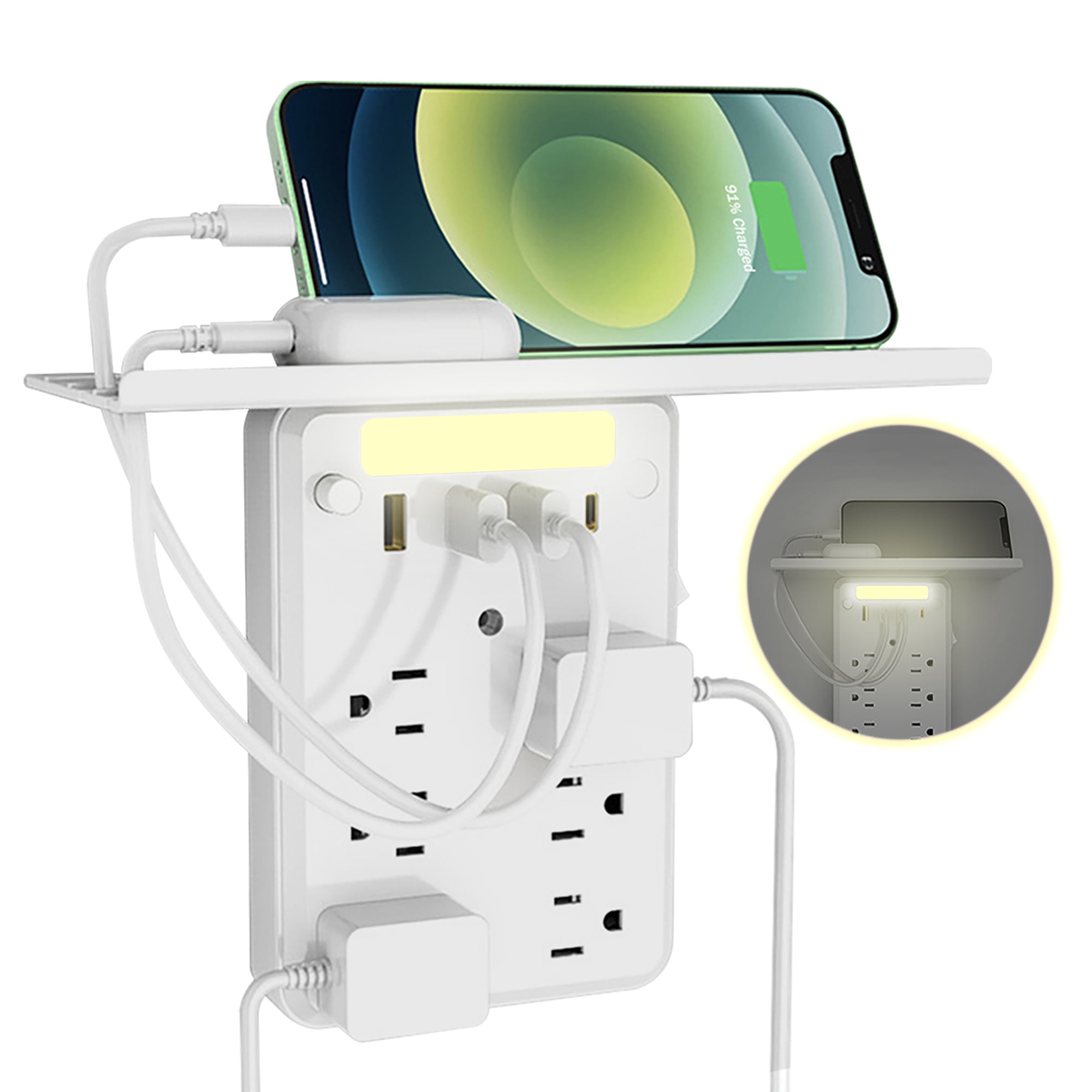 Multi Plug Outlet with Shelf, Smasener 6-Outlet Extender Socket with 4 USB Charging Ports (3.4A Total) and Night Light, Wall Outlet Expander Power Strip - White