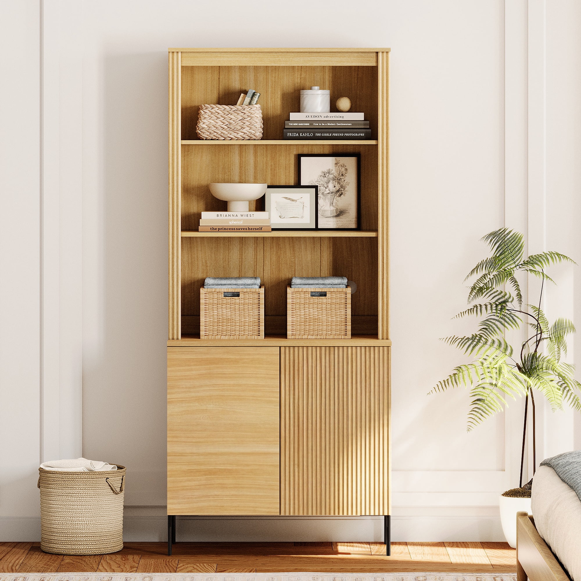 71.6" Tall Modern 5 Tier Bookcase with Storage Cabinet, Wooden Display Cabinet with Fluted Doors and Adjustable Shelves, Versatile Bookshelf for Living Room, Study, Office
