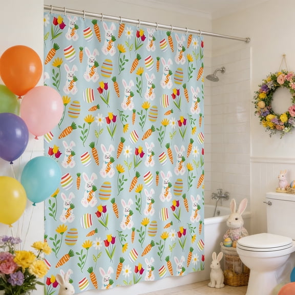 Meggemo Easter Theme Shower Curtain Bunny Egg Print Waterproof Fabric Bathroom Divider with 12 Rustproof Hooks No Drilling Spring Holiday Home Decor Accent