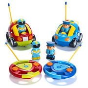 Prextex Lot de 2 jouets radiocommandés de voiture de police R/C et de voiture de course pour enfants - chacun avec des fréquences différentes pour que les deux puissent courir ensemble