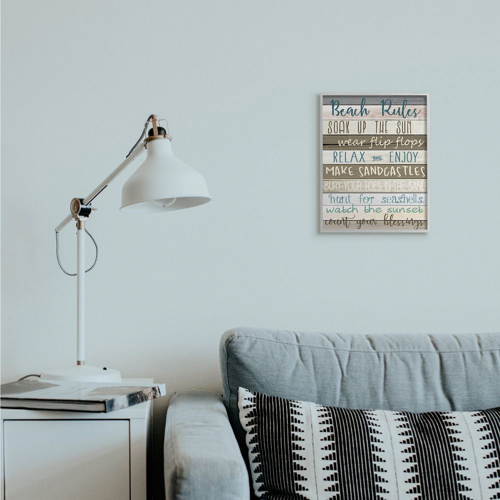 Stupell Industries Nautical Fun Beach Rules List Rustic Boardwalk Sign Framed Wall Art Design by Kim Allen, 11" x 14", Gray Framed