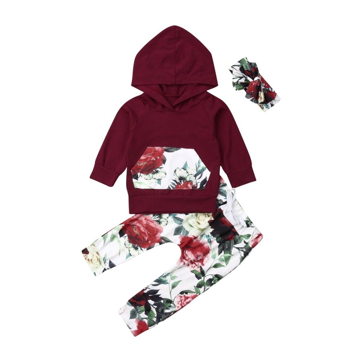 Toddler Kids Baby Girl Flowers Hooded Tops Headband Pants OUtfits Set Clothes