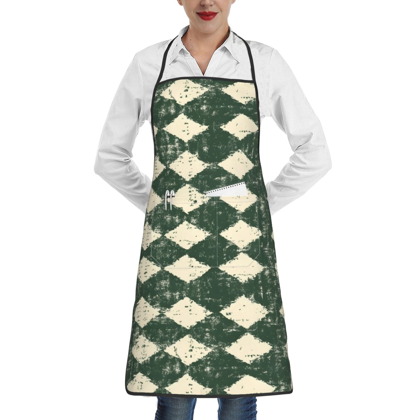 Anti-Fouling Belt Pocket Elasticated Apron - Non-Slippery Non-Fading Non-Shrinking Non-Crinkly Water-Repellent Green Houndstooth Vintage Texture Hand-Drawn Sketch_2