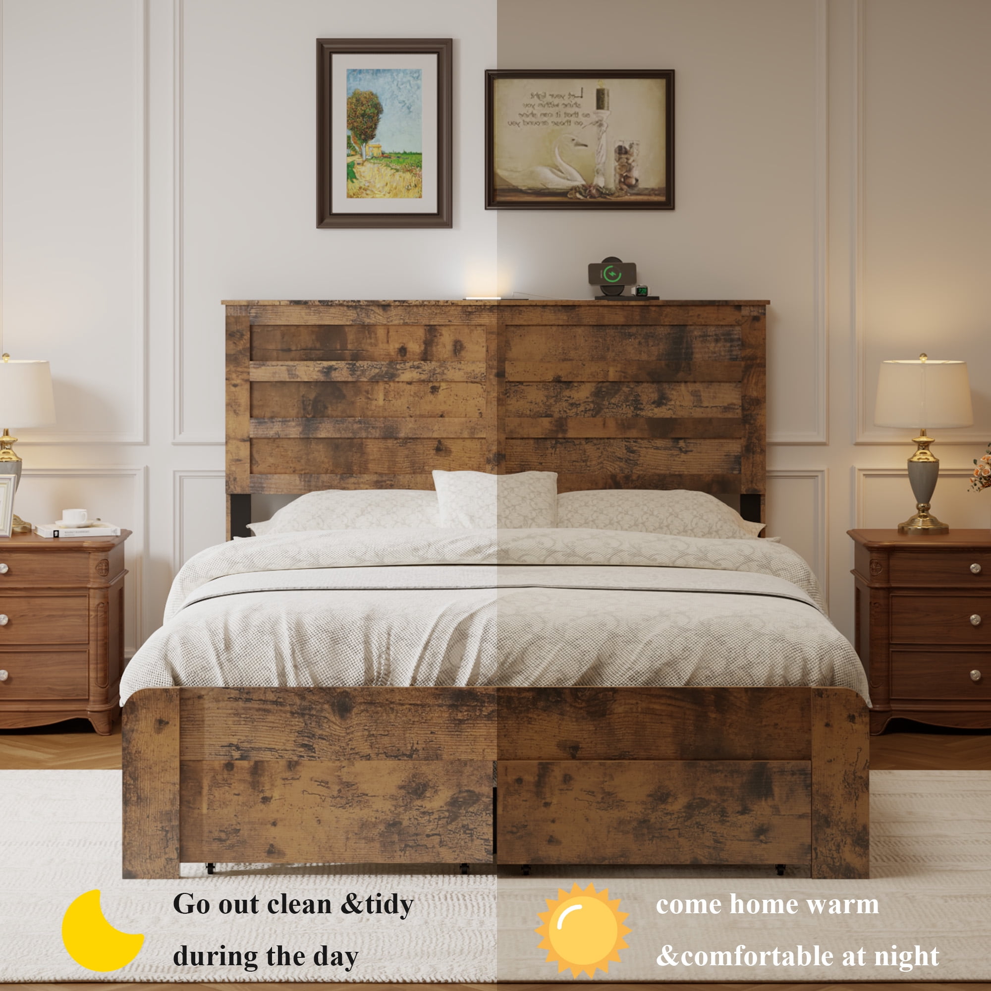 Gewnee Full Size Bed Frame with 2 Storage Drawers & USB Ports – Wooden Platform Bed with Storage Headboard Charging Station,No Box Spring Needed,Dark Brown