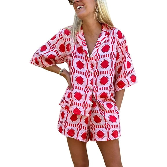 Women's Boho 2 Piece Beach Outfits Short Sleeve Button Down Shirt Wide Leg Shorts Summer Matching Sets