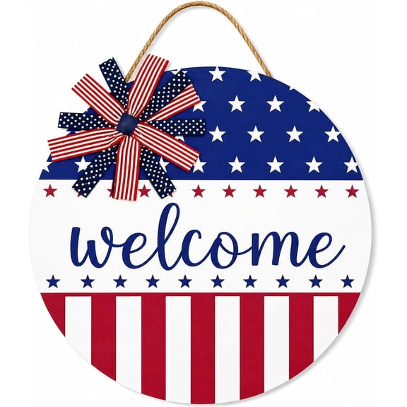 Gift Boutique Patriotic Welcome Door Sign 11.8in Round Hanging Decor with Bow, Red White Blue USA Front Door Wall Porch Decoration