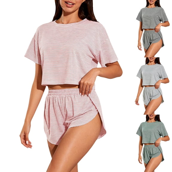Harpily Womens Pajama Set Drop Shoulder Striped Print Short Sleeve Top and Relax Fit Side Split Shorts Home Night Wear L