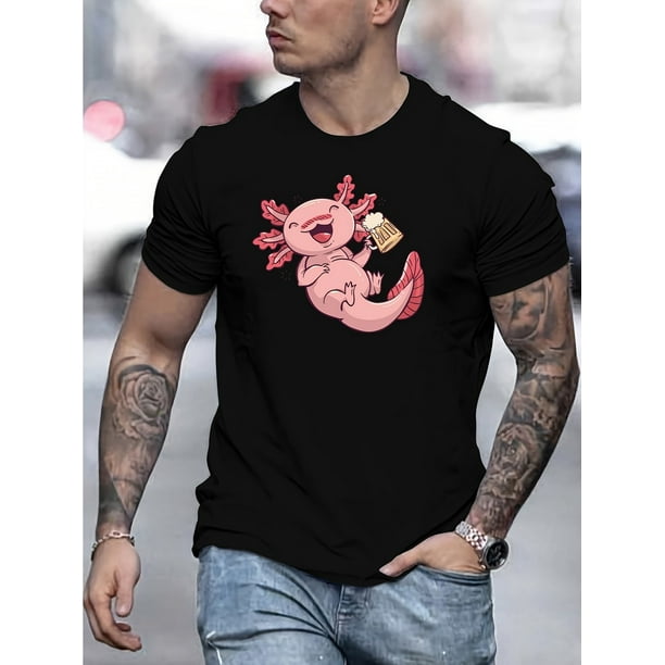 Camiseta creativa con estampado gráfico de ajolote feliz para hombre, informal, de manga corta y cuello redondo, para verano y actividades al aire libre.