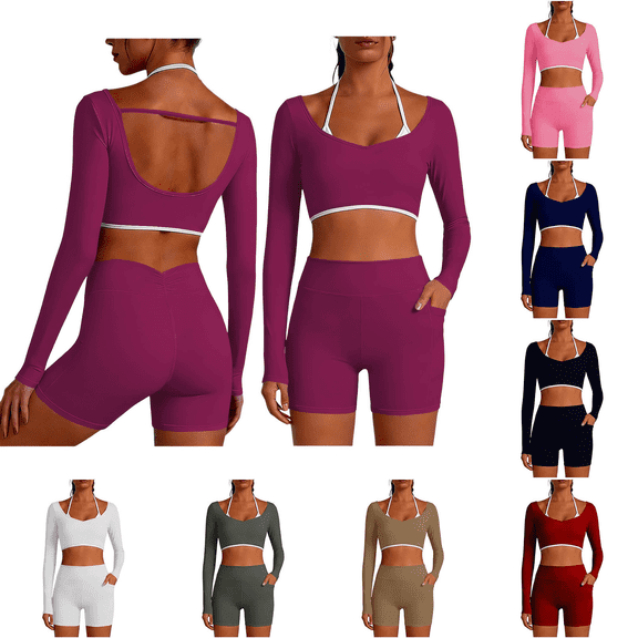 Workout Sets for Women Long Sleeve Backless Wrap Crop Tops and High Waisted Biker Shorts Summer 2 Piece Pilates Gym Yoga Sets