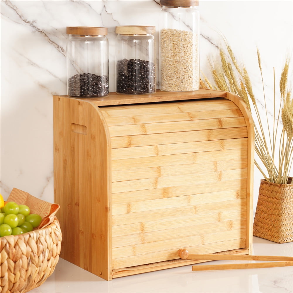 Wooden Bread Box Bamboo 2 Shelf Roll Top Bread Holder Bread Organizer