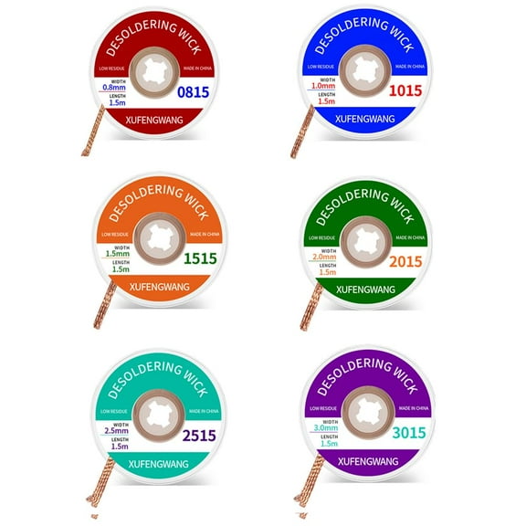 Treedix 6 Pieces of Solder Wick Braid with Flux Super 5ft Length 0.8mm,1 mm, 1.5mm, 2 mm, 2.5 mm, 3 mm Width  No-Clean Soldering Wick Wire Roll and Disassemble Electrical Components