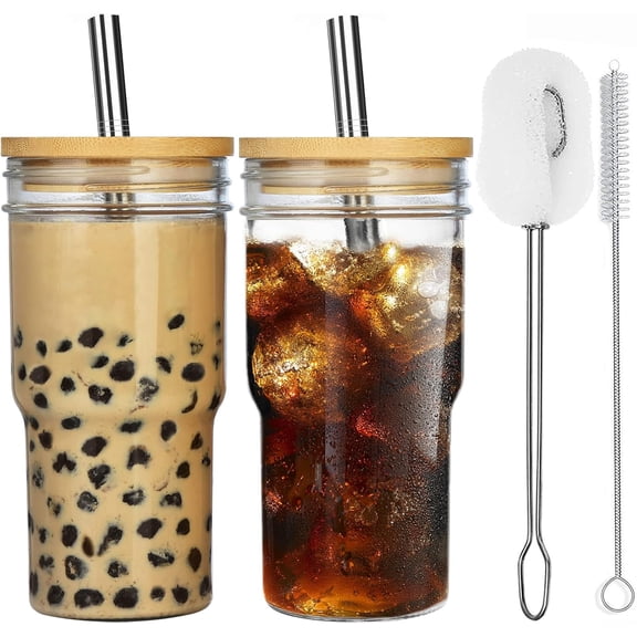 2-Pack Glass Cups with and Straws, 22oz Mason Jar Glass Tumbler, Boba Cups, Iced Coffee Drinking Glasses for Bubble , Smoothies, Juice - 2 Cleaning Brush