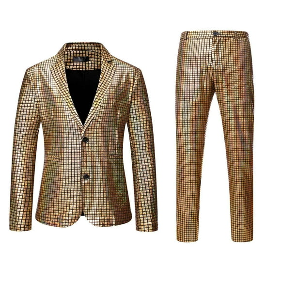 DPTALR Men Casual Long Sleeve Plaid Two Piece Single Two Buttons Suit Pants