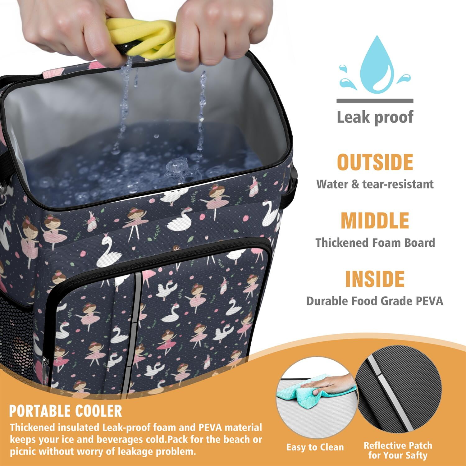 Travel Cooler Bag - Dark Blue Ballerina Princess Pattern Camping Beer Cooler Backpack with Bottle Opener- Waterproof Insulated Picnic Backpacks - Cooler Bag for Beach
