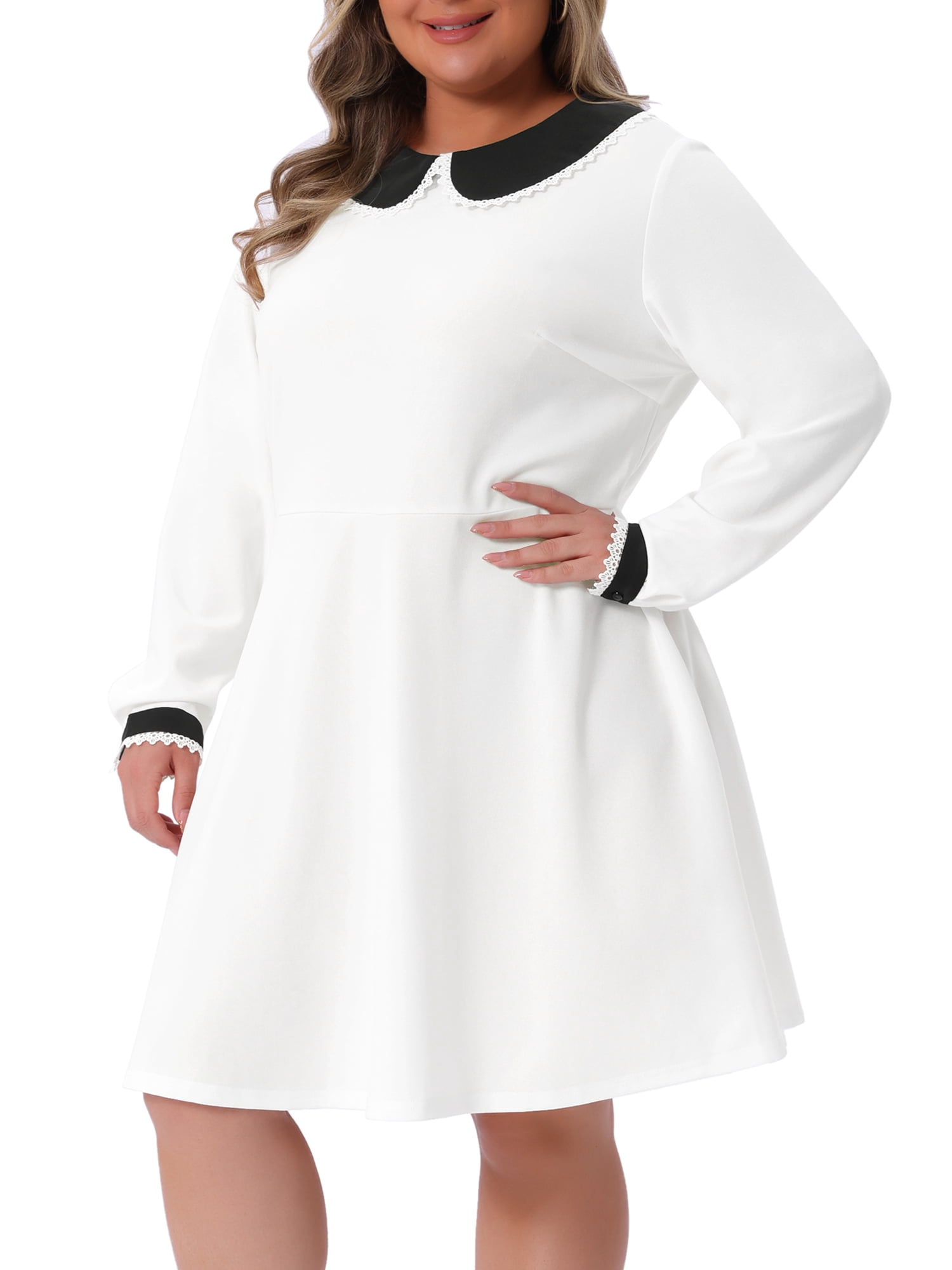 DARING DIVA Women's Plus Size Long Sleeves Collar A-line Midi Dress 1X White