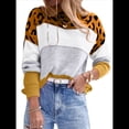 thumbnail image 1 of Suéter de Rayas con Estampado de Leopardo para Mujer, Cuello Redondo, Larga, Tejido con Bloques de Color Amarillo M, 1 of 5
