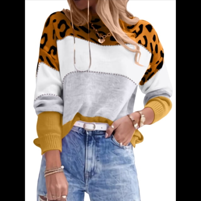 Suéter de Rayas con Estampado de Leopardo para Mujer, Cuello Redondo, Larga, Tejido con Bloques de Color Amarillo M