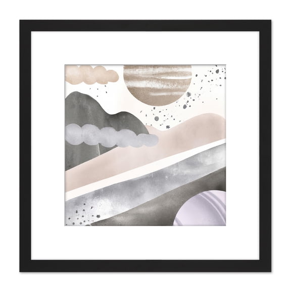 Boho Abstract Grey Winter Sun Landscape Illustration Pastel Artwork Square Wooden Framed Wall Art Print Picture 8X8 Inch