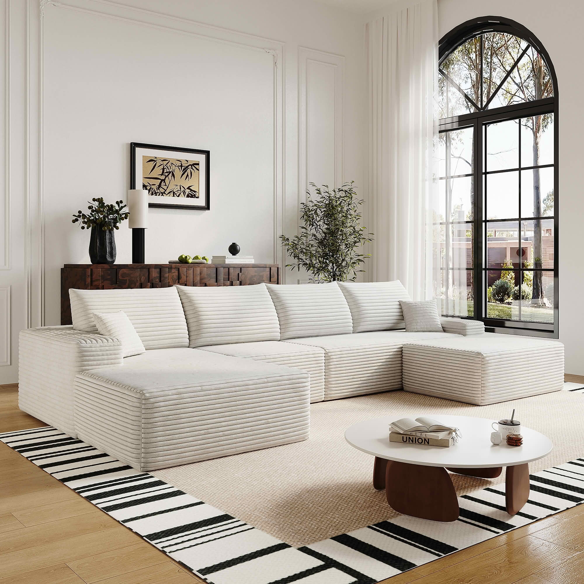 MAYEERTY 135" Cloud Sectional Sofa with Ottoman, U Shaped Deep Seat Couch, Plush Corduroy Fabric, No Assembly Required, Black&White