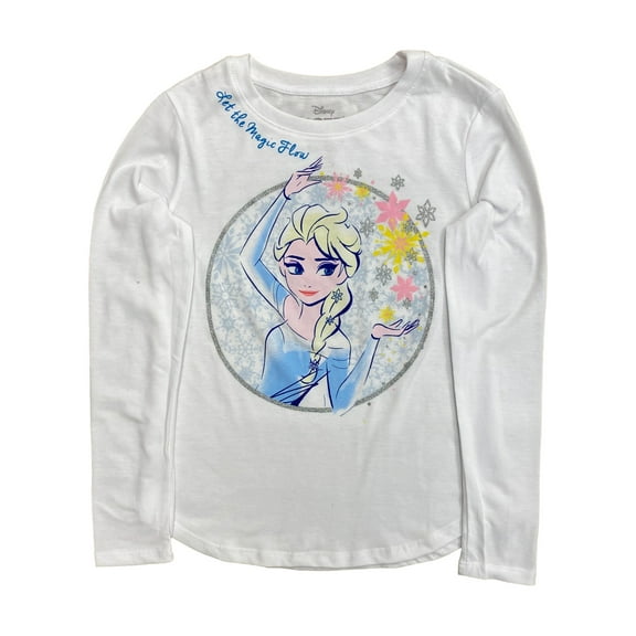 Disney Frozen Girls Long White Elsa Let the Magic Flow T-Shirt Tee Shirt M (7-8)