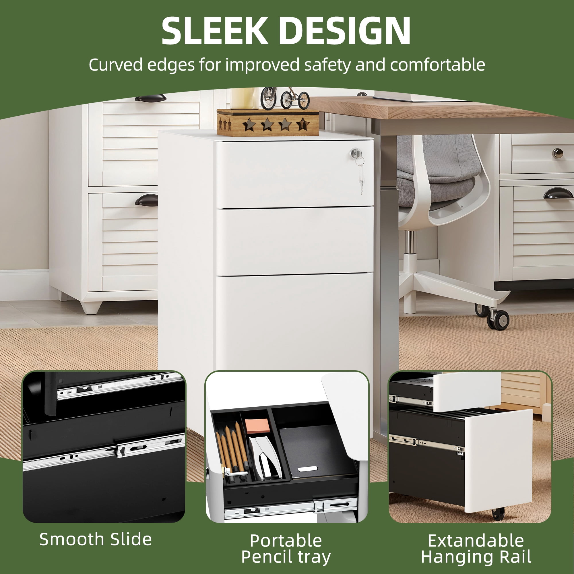 Uforic 3-Drawer Lockable File Cabinet for A4/Letter/Legal Size Folder, Home Office, Assembled Except Casters (White)